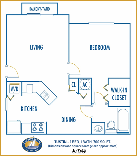 Floor plan for 1 bed, 1 bath, 700 sqft